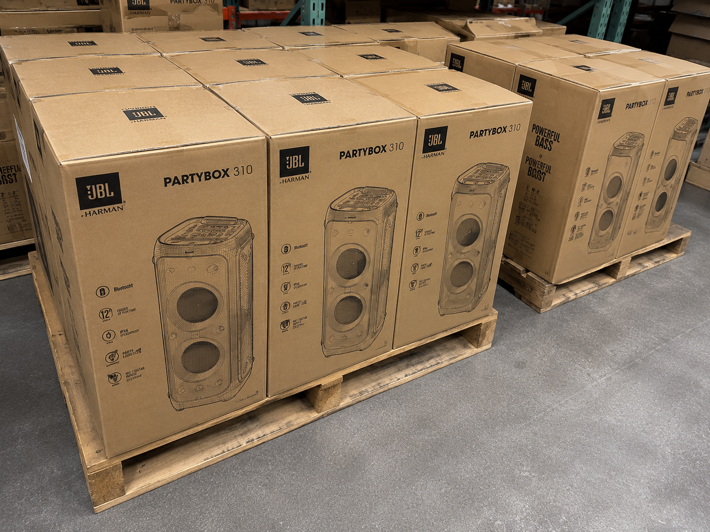 Pallet of JBL speaker cartons in the warehouse