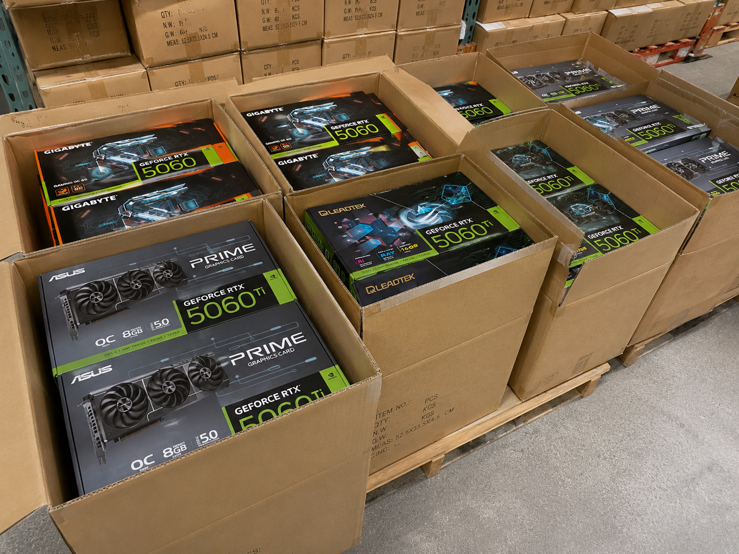 Warehouse pallet loaded with retail-boxed graphics cards